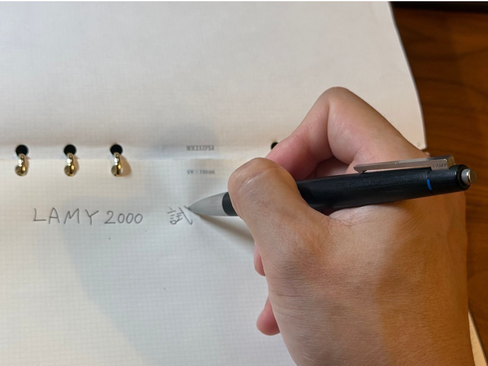 LAMY 2000 L401を持って書いている様子