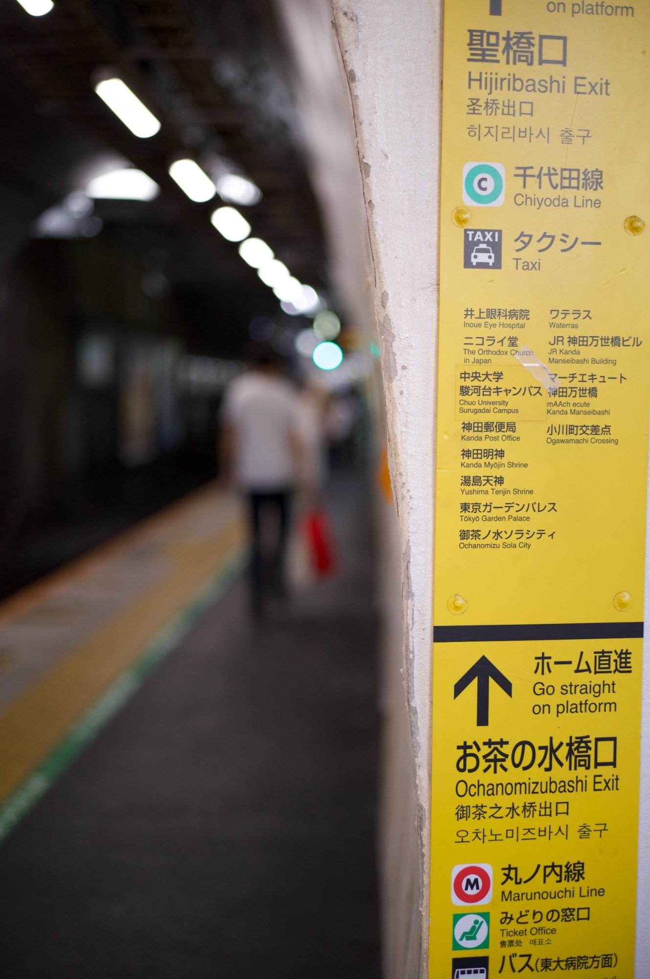 駅の黄色い案内板とぼけたホーム背景